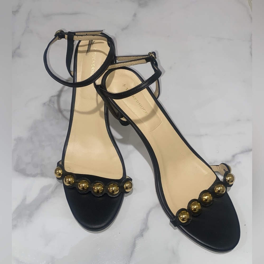 Tuckernuck Black Leather Sandals Gold Ball Detail | Ankle Strap |Size 9 US